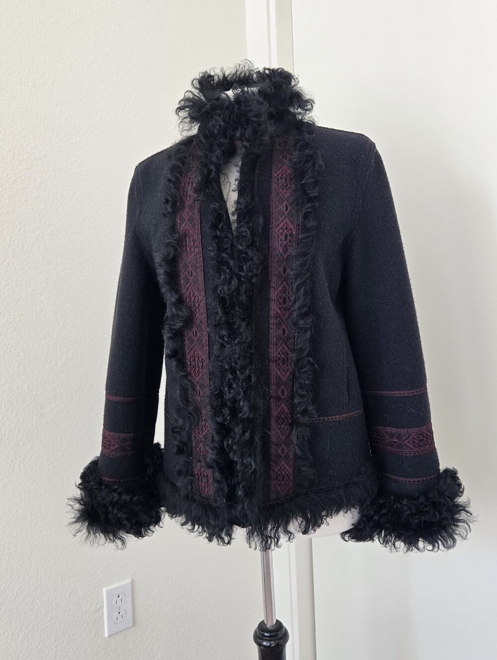 VTG Hilary Radley Black Boiled Wool Penny Lane Jacket Curly Shearling Trim Sz 8